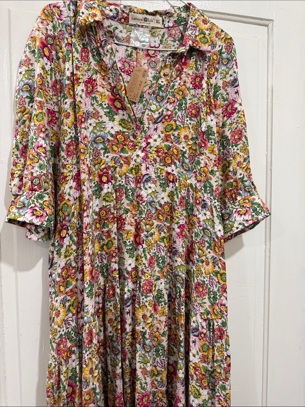 NATURAL LIFE Floral Button-Front Medi  Dress in Pink & Yellow - Picture 3 of 3